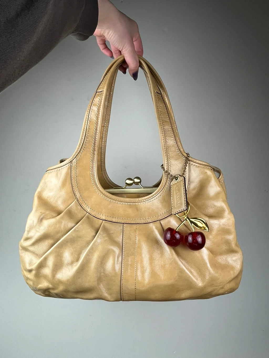 Coach Ergo Pleated Kiss-Lock Satchel - Honey Tan With Cherry Charm
