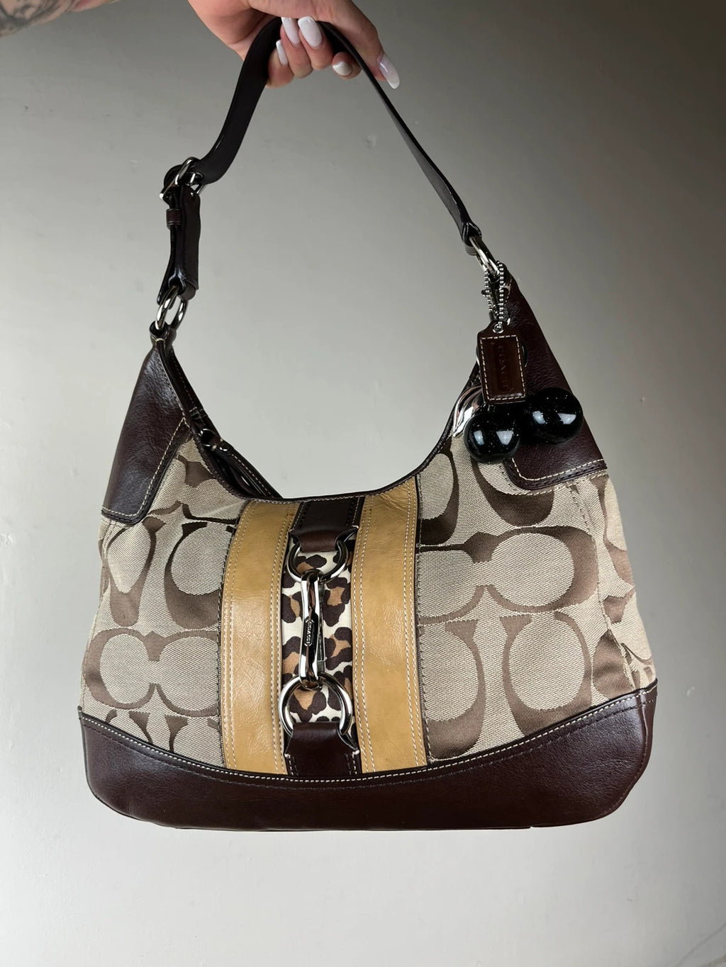 Coach Hamptons Signature Stripe Leopard Hobo