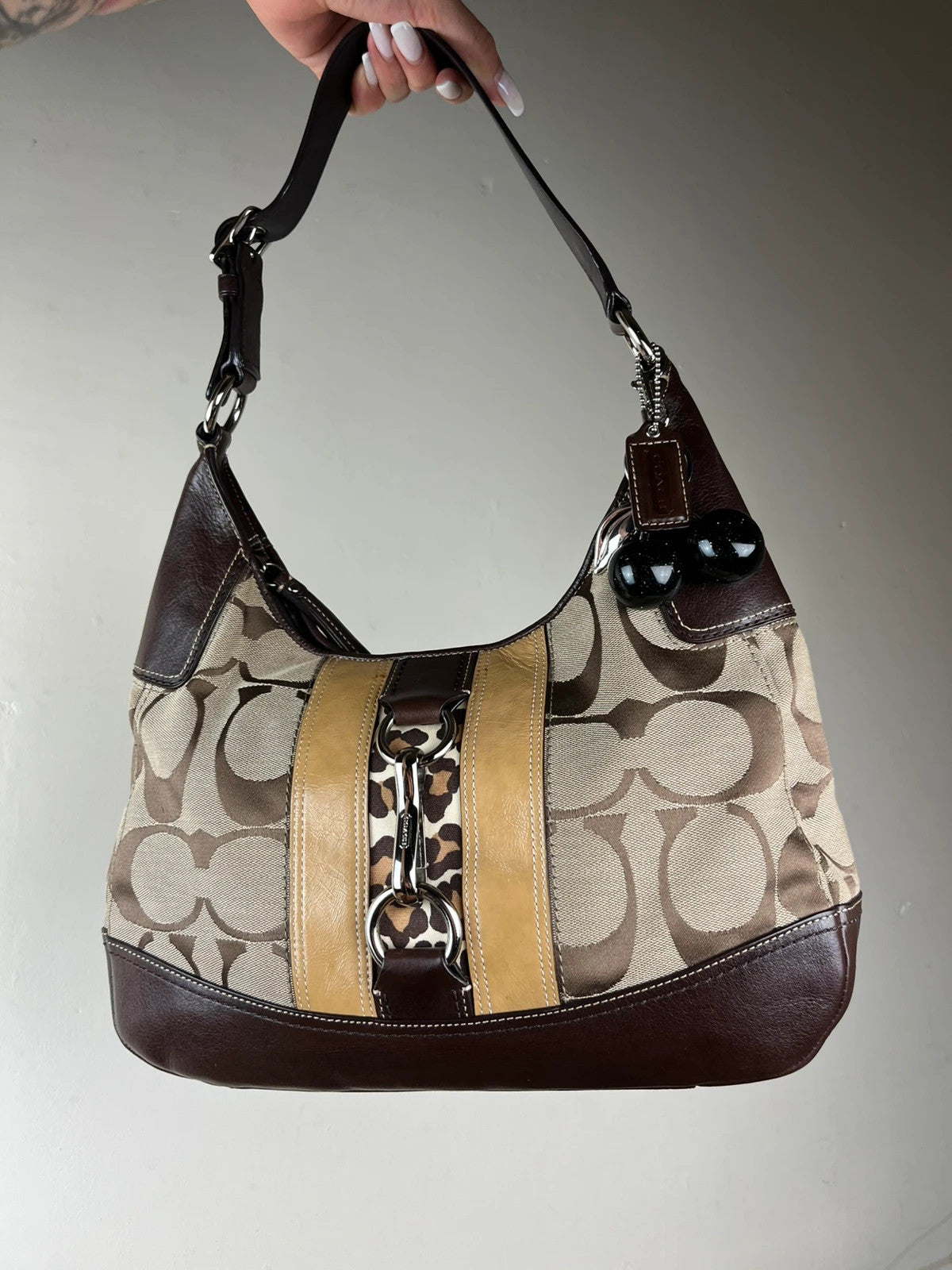 Coach Hamptons Signature Stripe Leopard Hobo