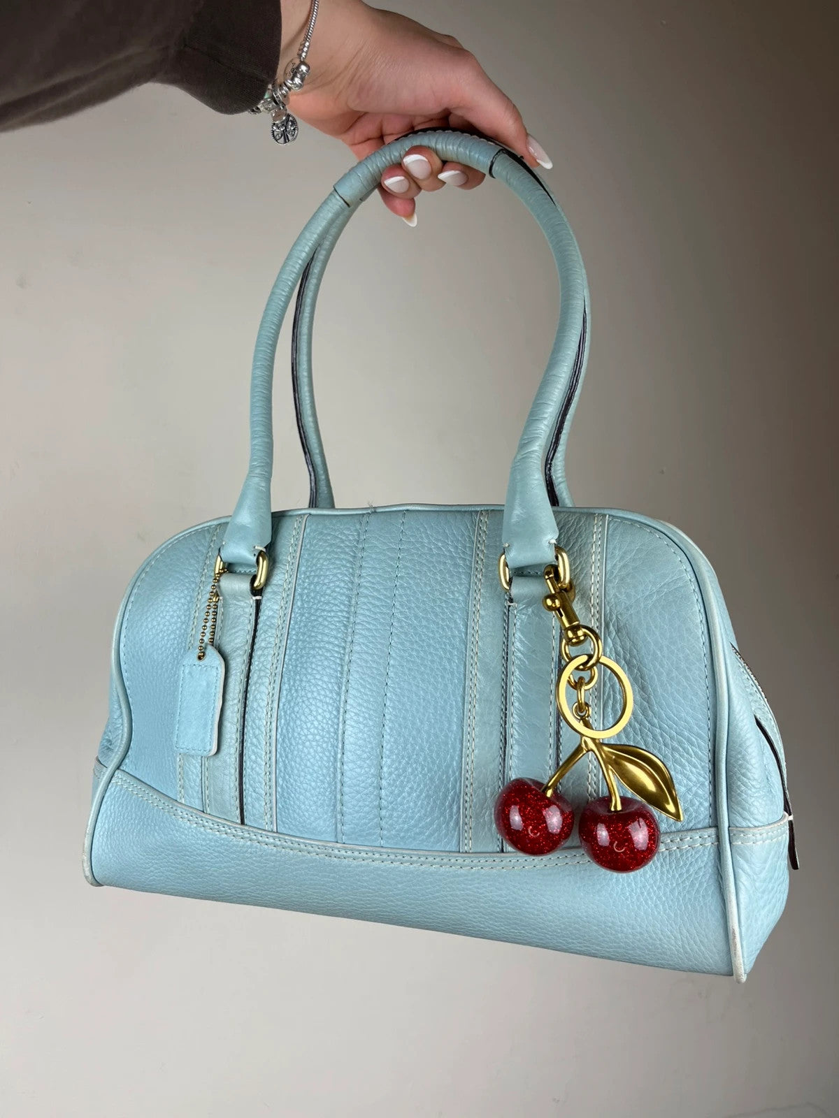 Coach 10526 Y2K Hampton Pebbled Leather Satchel in Light Blue with charms