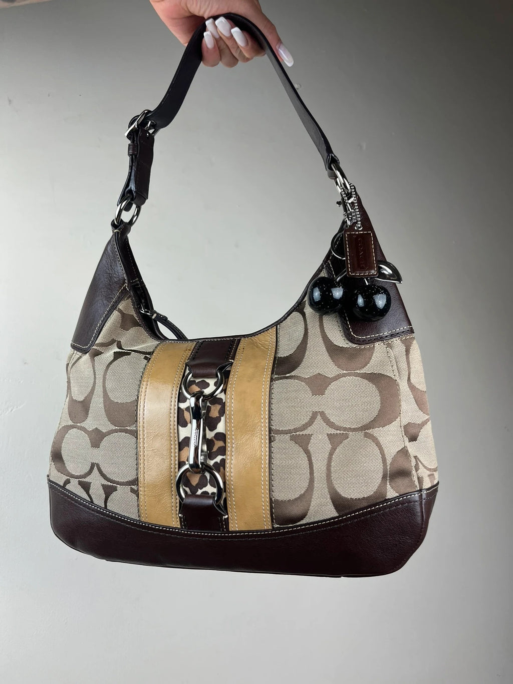 Coach Hamptons Signature Stripe Leopard Hobo