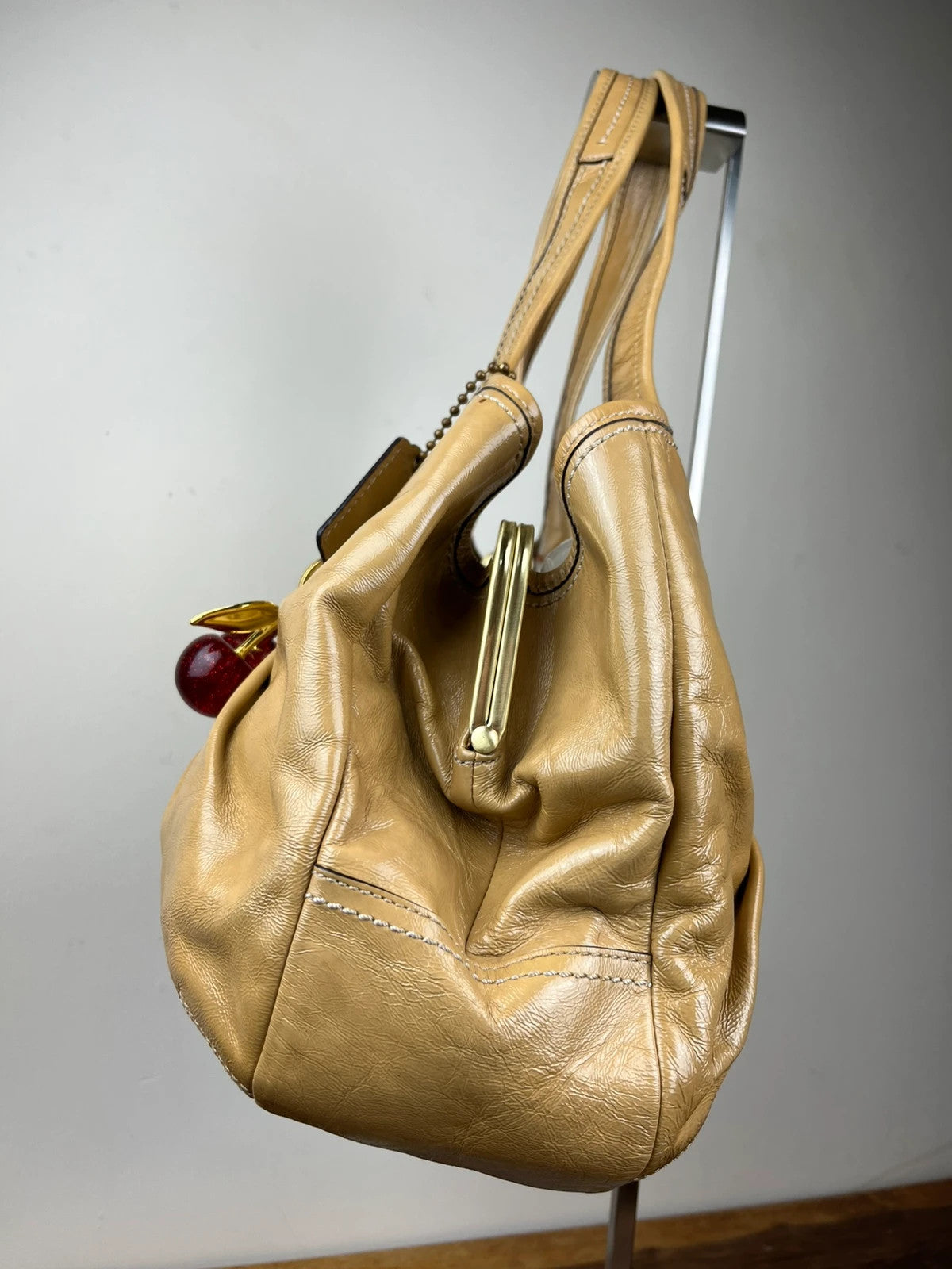 Coach Ergo Pleated Kiss-Lock Satchel - Honey Tan With Cherry Charm