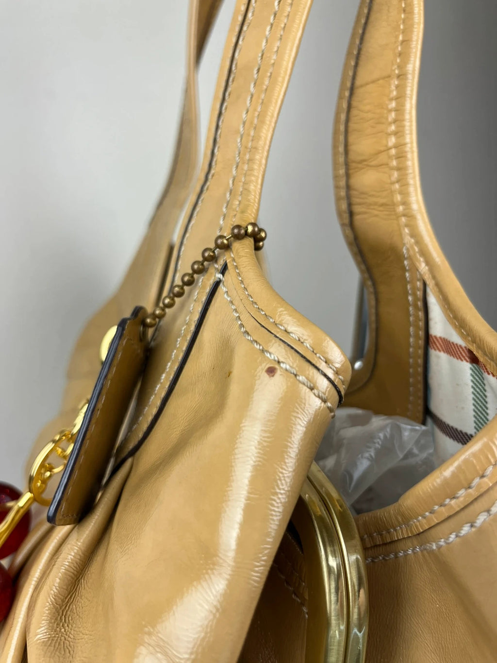 Coach Ergo Pleated Kiss-Lock Satchel - Honey Tan With Cherry Charm