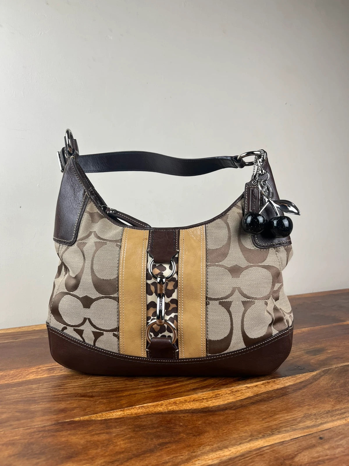 Coach Hamptons Signature Stripe Leopard Hobo
