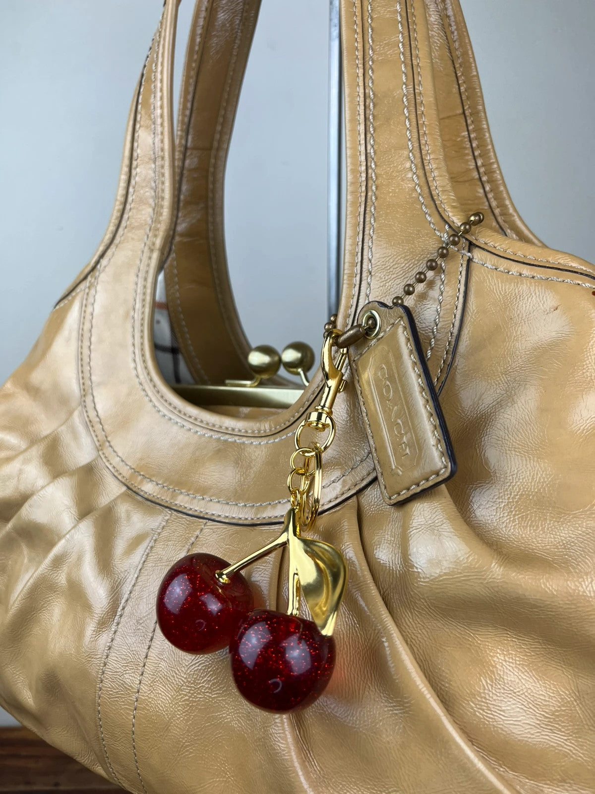 Coach Ergo Pleated Kiss-Lock Satchel - Honey Tan With Cherry Charm