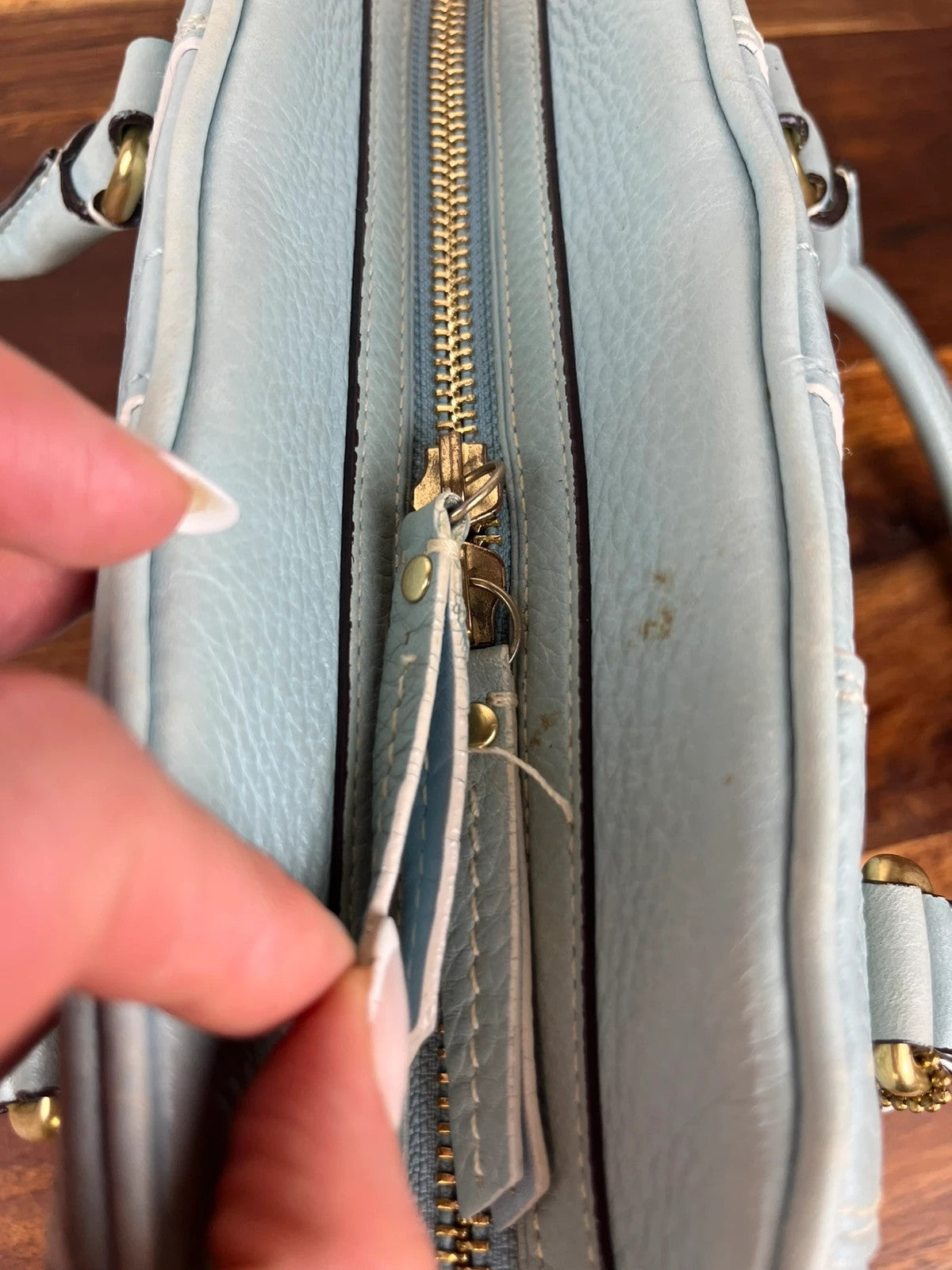 Coach 10526 Y2K Hampton Pebbled Leather Satchel in Light Blue with charms