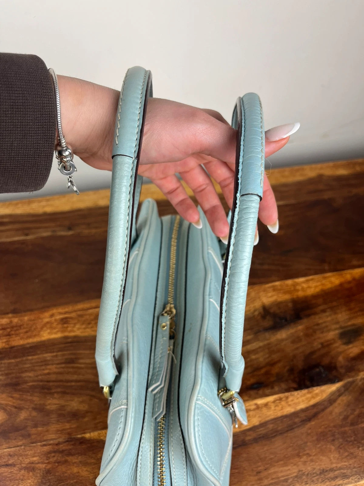 Coach 10526 Y2K Hampton Pebbled Leather Satchel in Light Blue with charms