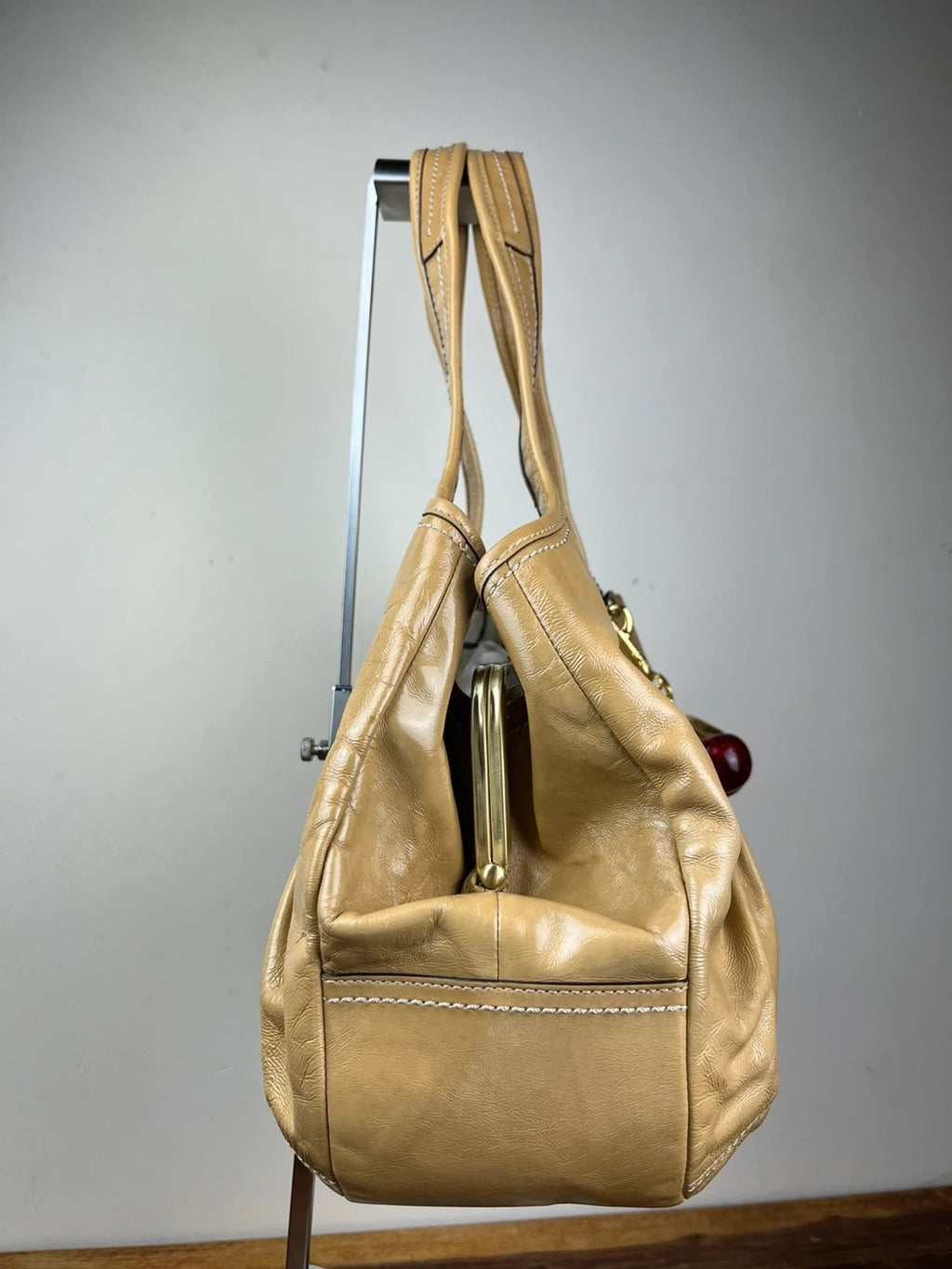 Coach Ergo Pleated Kiss-Lock Satchel - Honey Tan With Cherry Charm