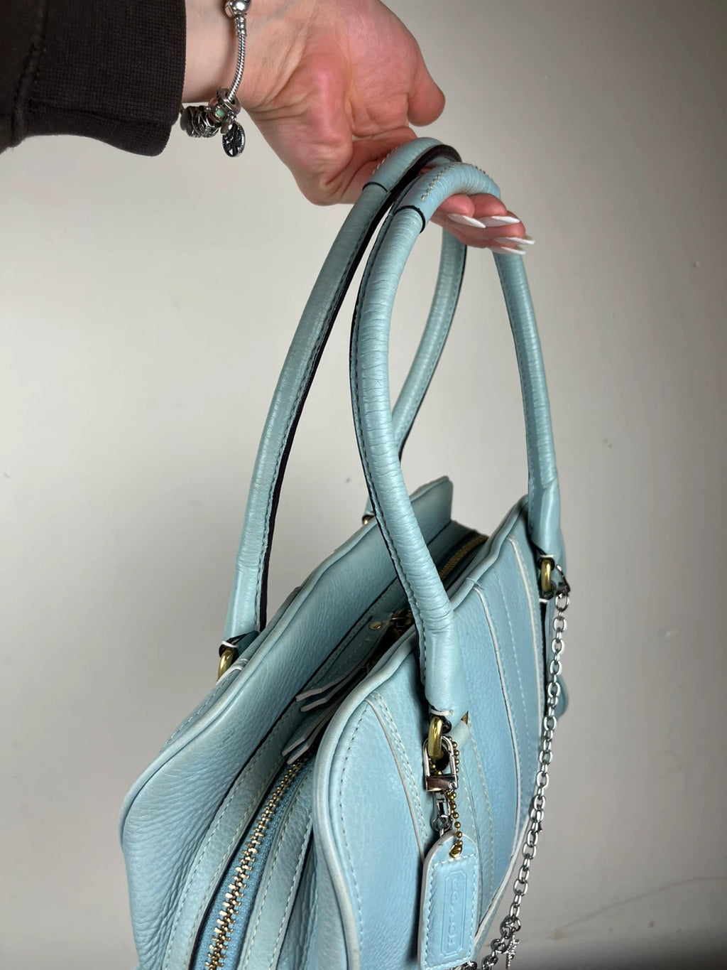 Coach 10526 Y2K Hampton Pebbled Leather Satchel in Light Blue with charms