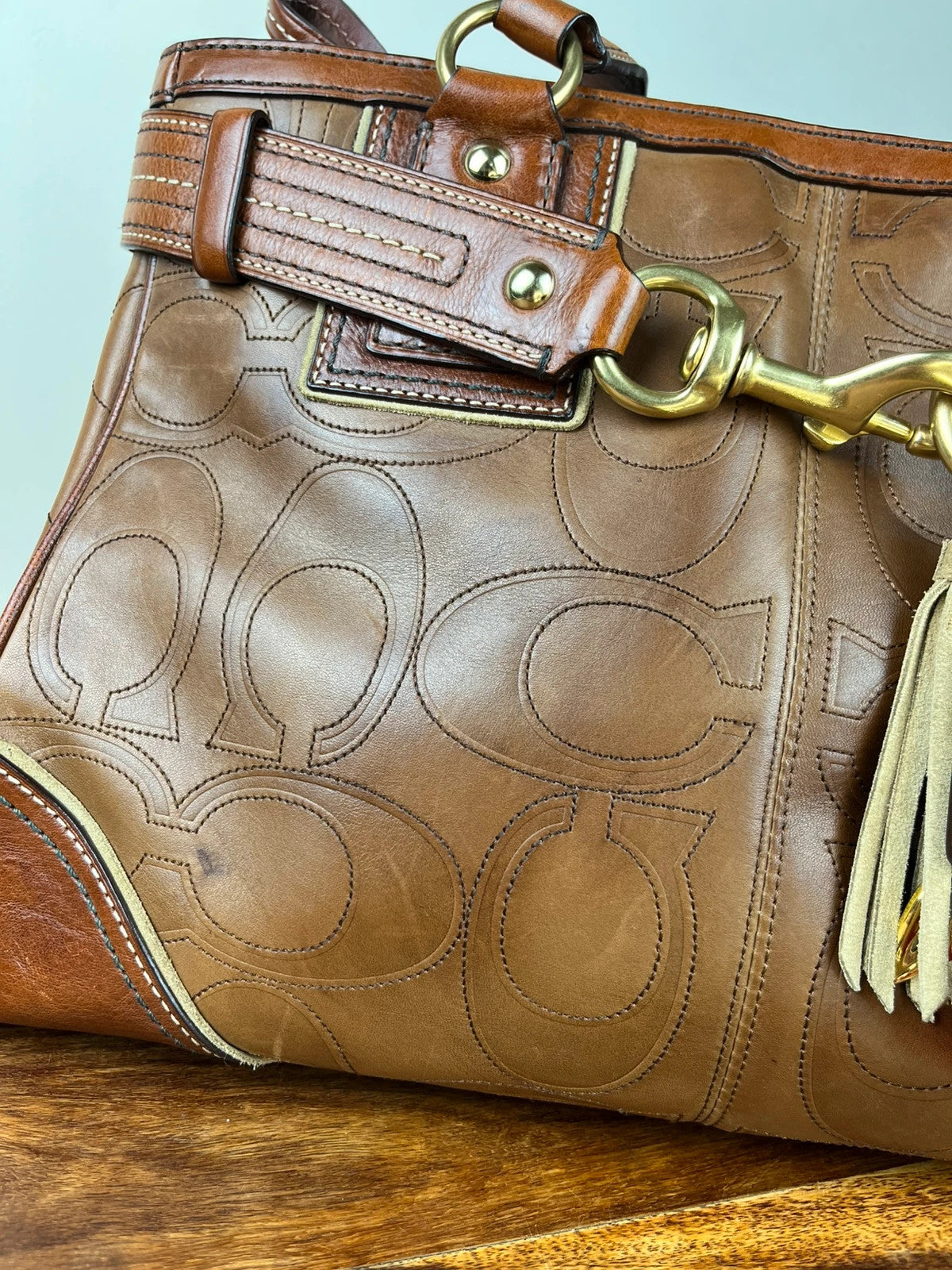 Coach Hamptons Embossed Signature Leather Satchel 10227 With Dust Bag