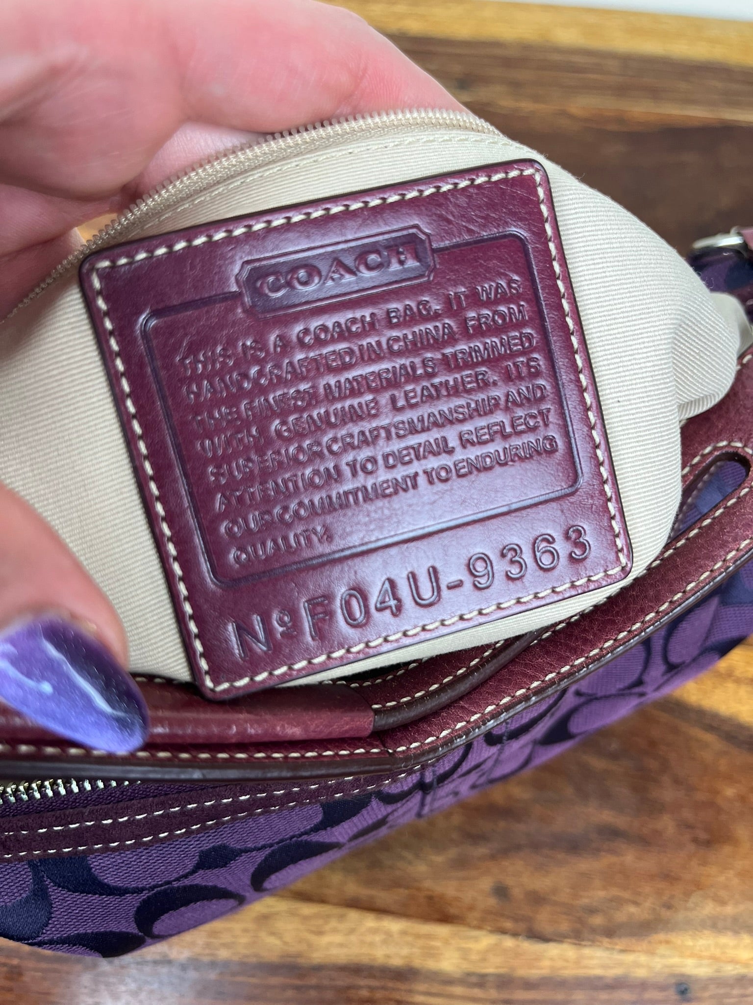 Coach East West Signature Canvas & Suede Shoulder Bag - Model 9363 Purple With Cherry Charm