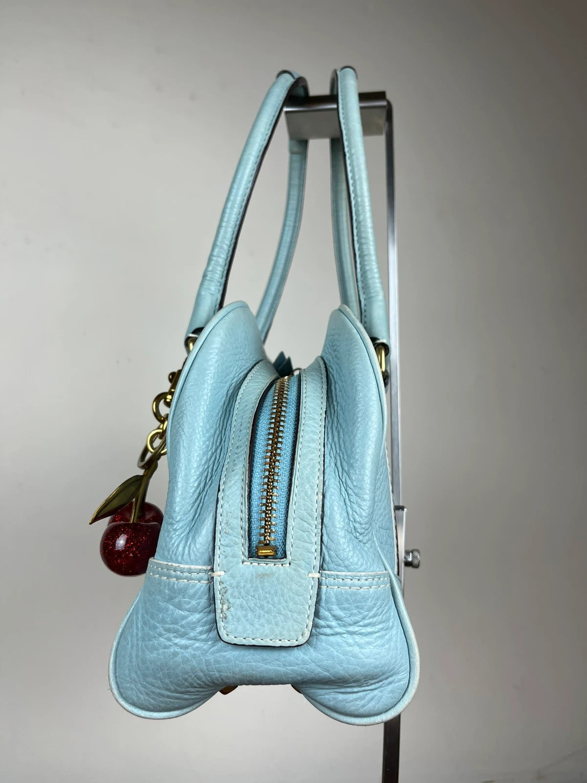 Coach 10526 Y2K Hampton Pebbled Leather Satchel in Light Blue with charms