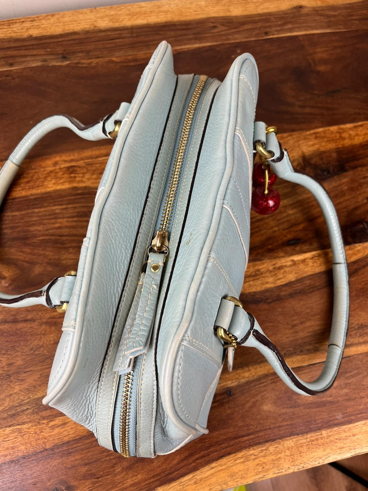 Coach 10526 Y2K Hampton Pebbled Leather Satchel in Light Blue with charms