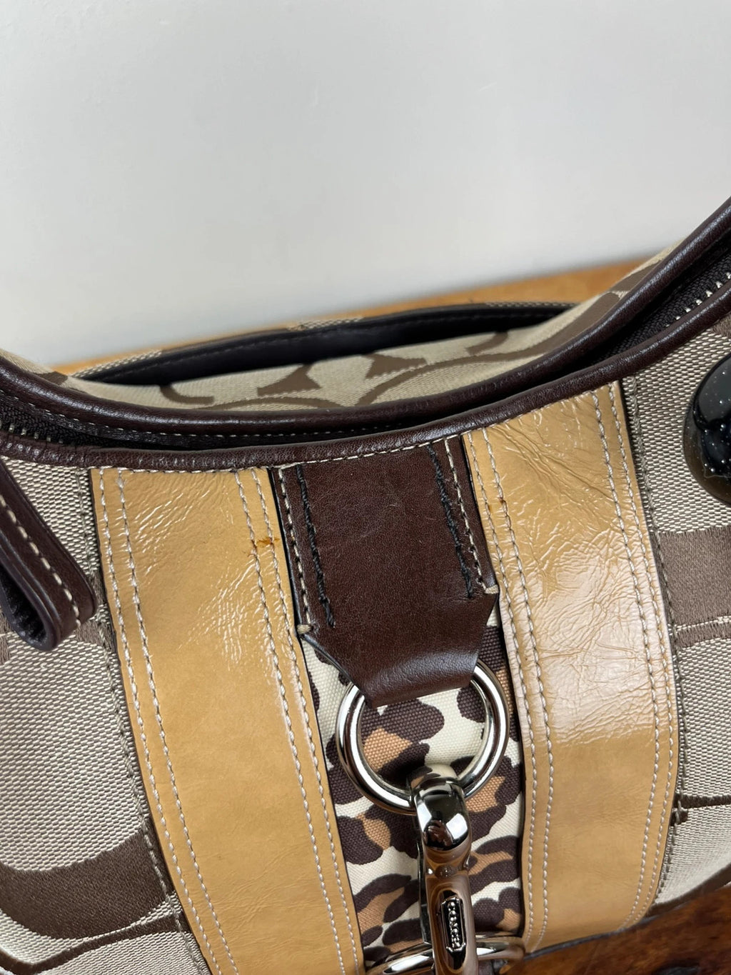 Coach Hamptons Signature Stripe Leopard Hobo