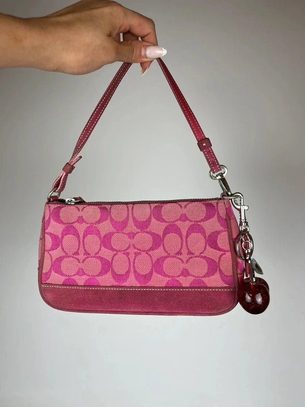Rare Coach Signature Hot Pink Suede Trim Demi Shoulder Bag 6094