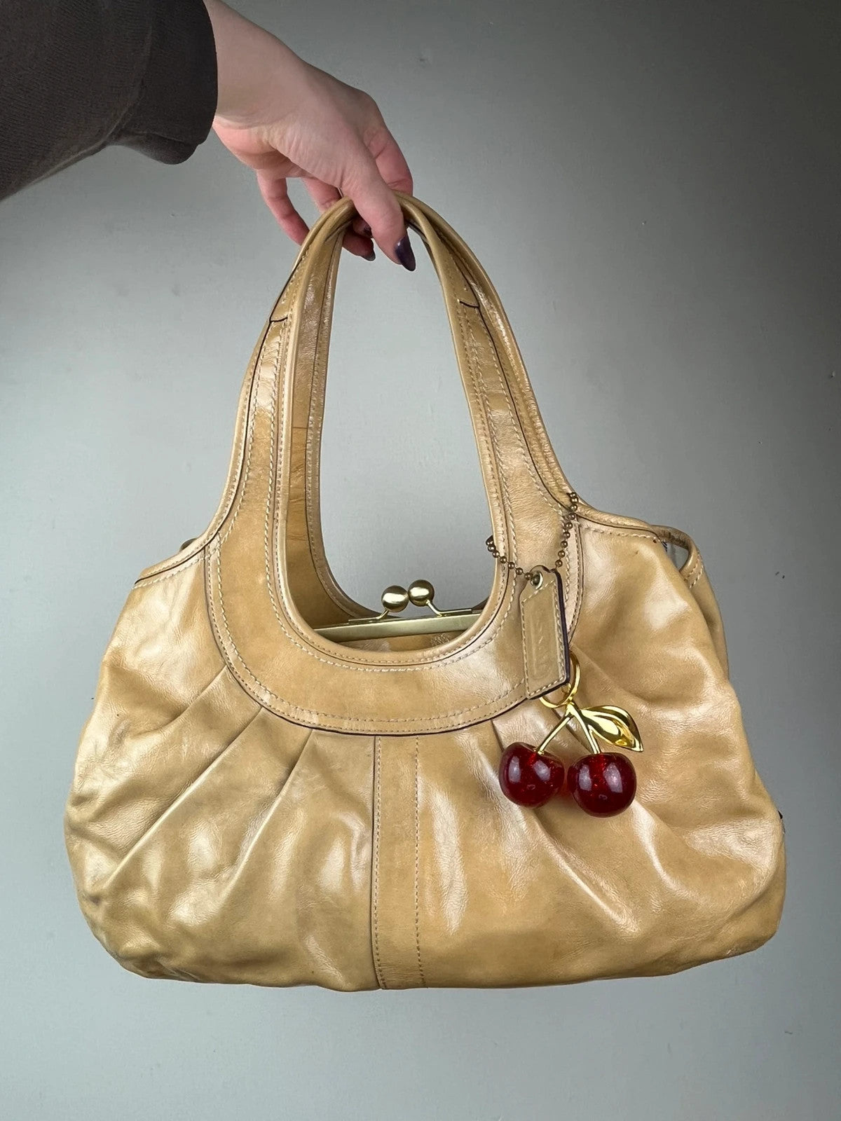 Coach Ergo Pleated Kiss-Lock Satchel - Honey Tan With Cherry Charm