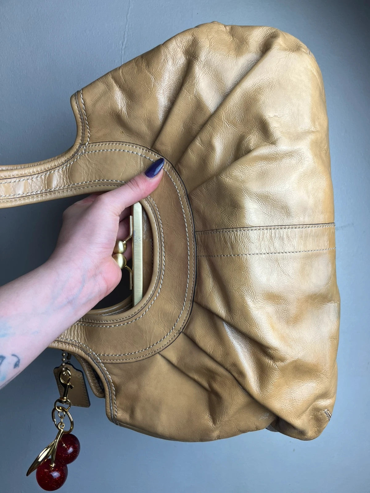 Coach Ergo Pleated Kiss-Lock Satchel - Honey Tan With Cherry Charm