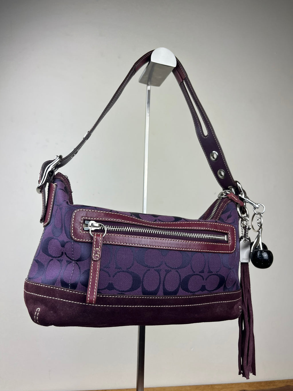 Coach East West Signature Canvas & Suede Shoulder Bag - Model 9363 Purple With Cherry Charm