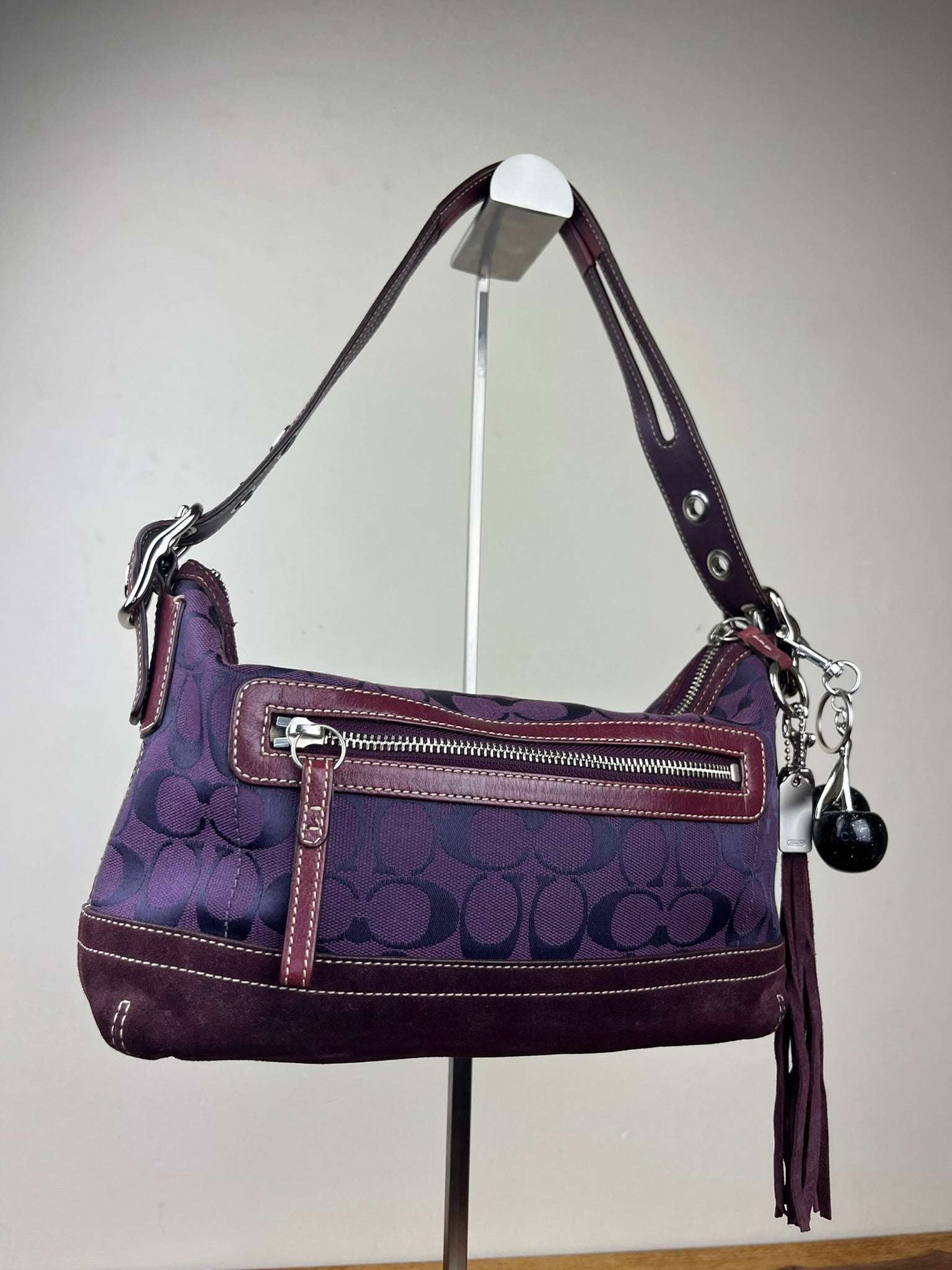 Coach East West Signature Canvas & Suede Shoulder Bag - Model 9363 Purple With Cherry Charm