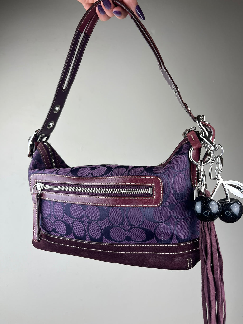 Coach East West Signature Canvas & Suede Shoulder Bag - Model 9363 Purple With Cherry Charm