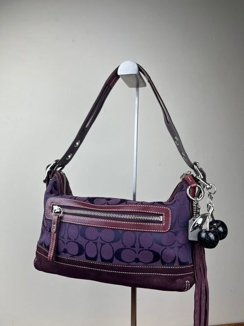 Coach East West Signature Canvas & Suede Shoulder Bag - Model 9363 Purple With Cherry Charm